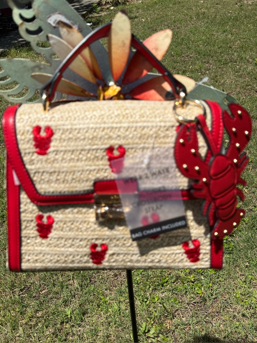 BCBG Straw Crossbody with Red Trim & Lobster Charm and earring bundle